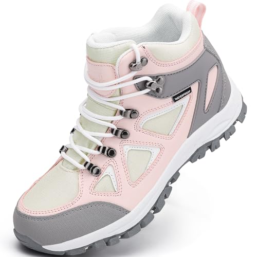 R CORD Girls Hiking Boots Kids Hiking Boots Outdoor Walking Tennis Boots Waterproof Non Slip Fashion Sneakers PinkGrey 12 Little Kid
