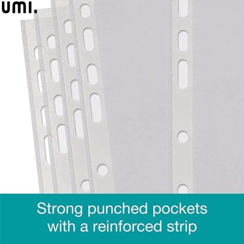 Image of Amazon Brand - Umi A4 Documents File Storage Envelope Transparent File, 100 Pcs Clear Plastic Folder Punched Pockets for Filing Paper and Documents 60 microns