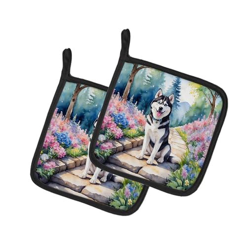 Caroline's Treasures Siberian Husky Spring Path Pair of Pot Holders Kitchen Heat Resistant Pot Holders Sets Oven Hot Pads for Cooking Baking BBQ, 7 1/2 x 7 1/2