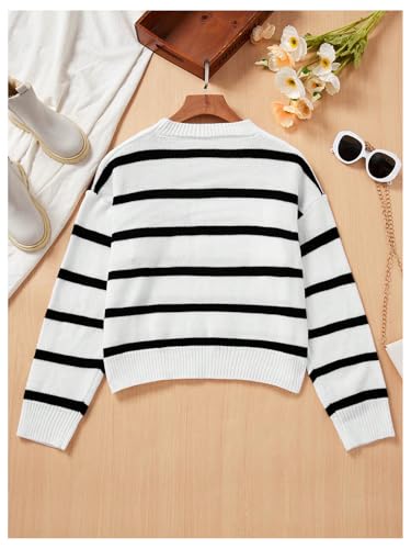 MakeMeChic Girl's Striped Colorblock Round Neck Sweater Long Sleeve Drop Shoulder Knit Loose Pullovers2