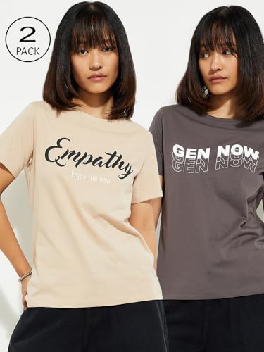 Image of Max Women's Cotton Regular Fit URB N Graphic Printed T-Shirt - Pack of 2
