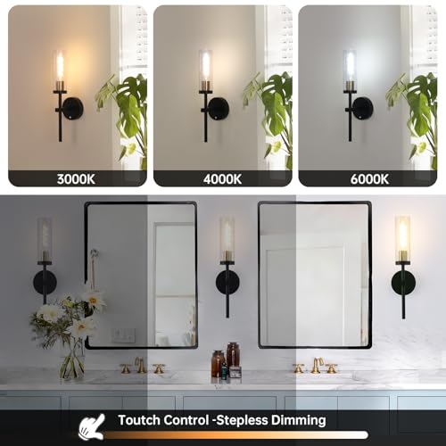Image of Shenmoyl Set of 2 Wall Sconces, 5200 mAh Battery Operated Wall Sconce with 3 Colors & Remote Control, Black Gold Rechargeable Wall Lamp with Clear Glass Shade for Bedroom, Bathroom, Stairwell, Hallway