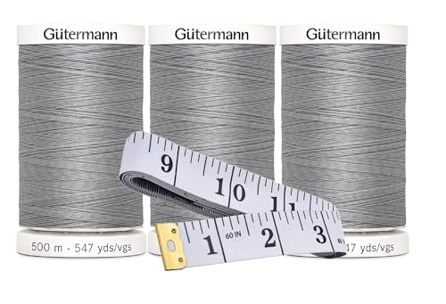 Gutermann Sew-All Thread (500m/547yd Each) 3-Pack Bundle with Bellas Crafts Soft Tape Measure (Mist Grey - 102)