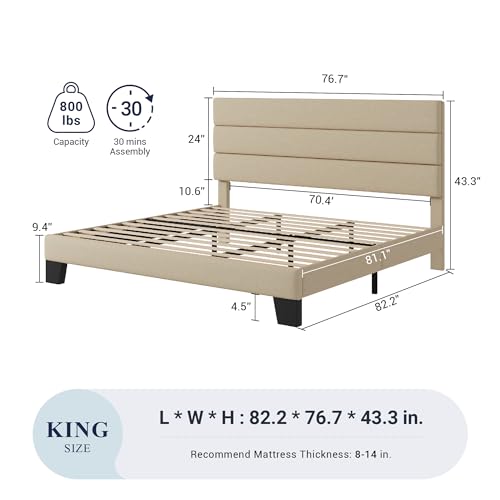 image for Allewie King Size Platform Bed Frame with Fabric Upholstered Headboard