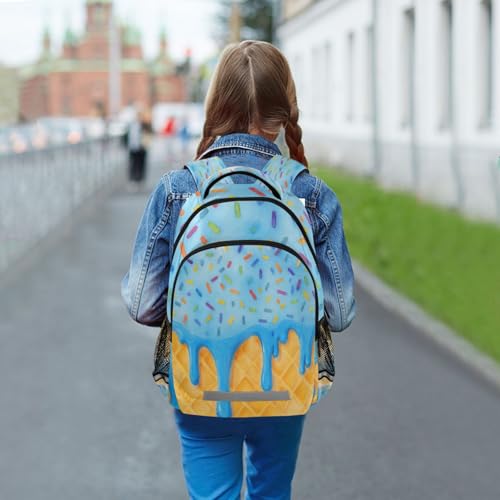 Image of Blue Ice Cream Drip Large School Backpacks with Chest Strap for Boys Girls Students,Lightweight Bookbags 17 Inch, Summer Waffle Portable Casual Daypack Bags