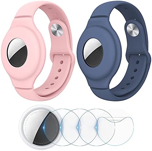 VEGO [2+4Pack] AirTag Bracelet for Kids, 2 Pack Silicone Watch Bands + 4 Pack Anti-Scratch Films for Children, [Upgraded] Metal Studs Anti-dropping Wristband Compatible with AirTag (Pink+Blue Gray)