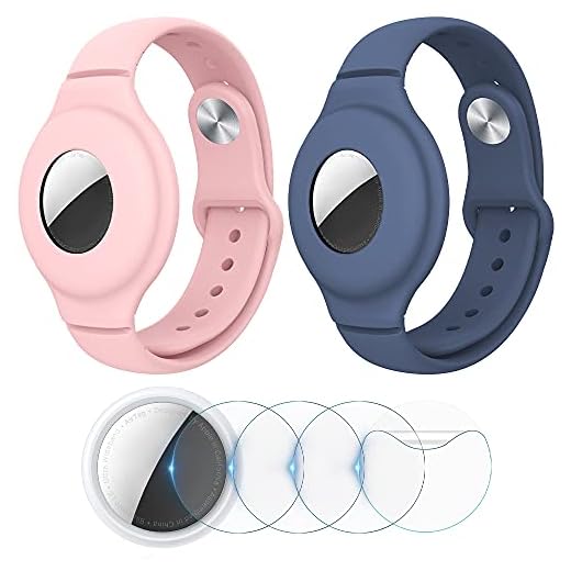 VEGO [2+4Pack] AirTag Bracelet for Kids, 2 Pack Silicone Watch Bands + 4 Pack Anti-Scratch Films for Children, [Upgraded] Metal Studs Anti-dropping Wristband Compatible with AirTag (Pink+Blue Gray)