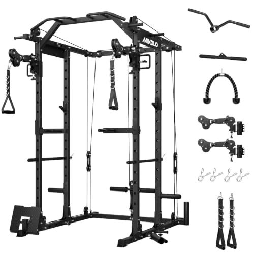 Image of Mikolo Power Cage, Power Rack with Cable Crossover System, 1500LBS Squat Rack with LAT Pull Down System, Workout Cage with Pulley System for Fitness Home Gym