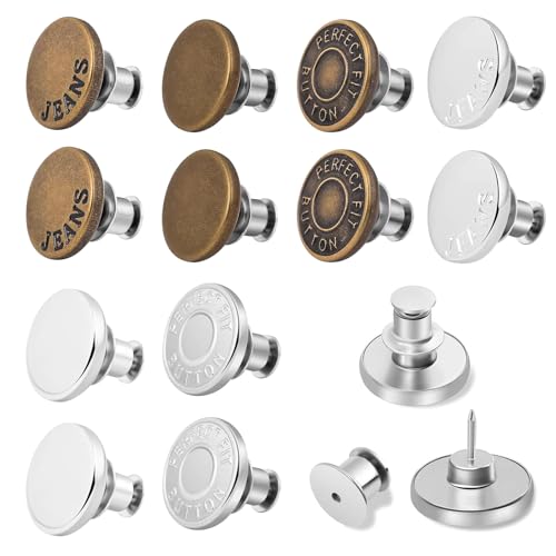 12 Stück Jeans Knöpfe Ohne Nähen, 17mm Button Pins, Verstellbarer Ersatz-Knopf Hosen Enger Machen, DIY Jeansknopf für Jeansreparatur & Größenanpassung