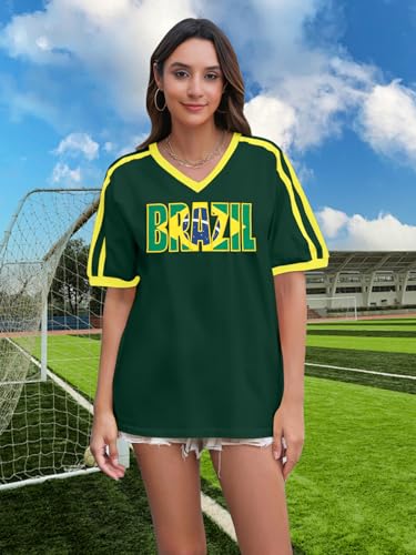 Brazil Shirt for Women Y2K Short Sleeve T Shirts Brazil Jersey Contrast Binding V Neck Regular Fit Tee Tops2