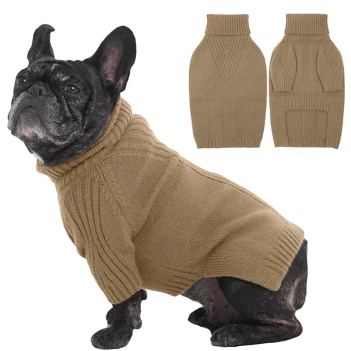 Image of IECOii Small Dog Sweater, Warm Turtleneck for Small to Medium Dogs, L | Holiday Knit Doggy Sweatshirt,Girl Boy Dog Sweaters for Winter,Cozy Pullover Knitwear with Sleeve for French Bulldog, Camel