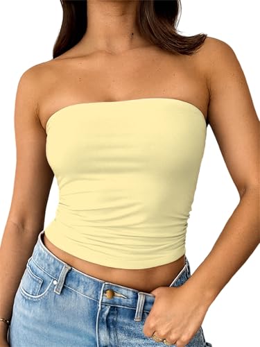 ForeFair Women Strapless Tube Tops Double Lined Ruched Backless Bandeau Going Out Top Basic Tank Tops(S Light Yellow)