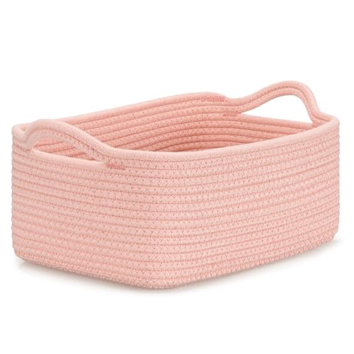 CLHMILY&Z Small Cube Storage Baskets Decorative Woven Cotton Rope Baskets with Handles for Organizing Shelf Closet Nursery Bathroom Toy Organizer Bins (1 Pink 11.4 x 7.5 x 4.7)