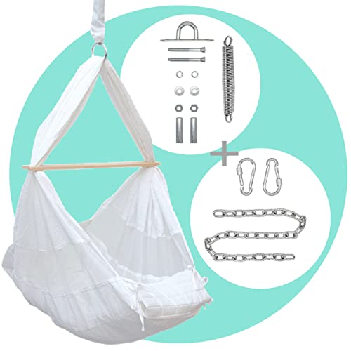 AMANKA Baby Federwiege mit 100cm Kette - Schwerlast Deckenhaken - Hängematte mit Feder und Matratze