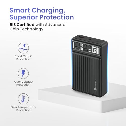 Image of Portronics Luxcell Mini 20K Advanced 20000 mAh Nano Power Bank with 22.5W Max Output, LED Indicator, Mach USB-A Output, Type C PD Output, Type C Input, Wake Up Button(Black)