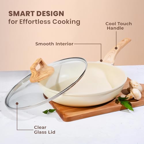 Image of Homero Non Stick Maifan Frying Pan with Lid, Non Stick Pan with Non-Toxic Coating, Granite Skillet with Anti-Scald Handle, Omelet Pans, Egg Pan Cookware, PFOS & PFOA Free (24cm, Maifan Stone)