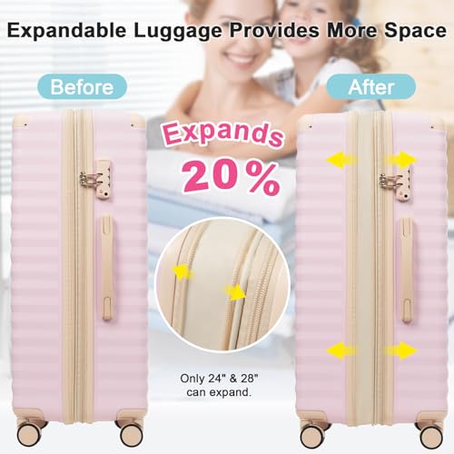 5 Piece Luggage Set w/TSA Locks & USB Port, Front Opening Hard Shell Luggage Sets, Expandable Suitcase Set with Wheels and Cup Holder(20"/24"/28") (Pink)4