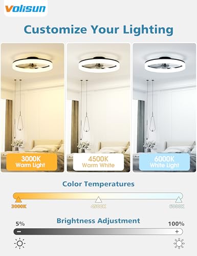 VOLISUN Low Profile Ceiling Fans with Lights and Remote, 20in Fandelier Ceiling Fan with Light, 3000K-6500K Dimmable Bladeless LED Fan Light, Black Flush Mount Ceiling Fans with Lights for Bedroom - image 2