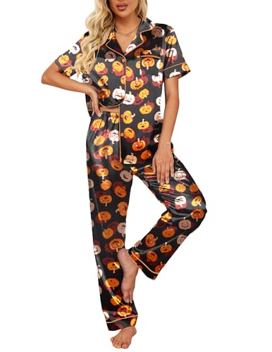 Ekouaer Silk Satin Pajamas Set Women Short Sleeve Sleepwear Soft Button Down Loungewear Pjs Set Pumpkin Print Medium