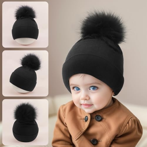 Kids Winter Hat Toddler Knitted Pom Beanie Hat Cotton Lined with Pom Pom Cap Baby Girls Boys Beanies 6