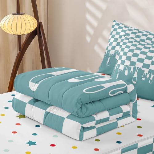 Image of Light Blue Checkered Full Lightweight Zipper Bedding Set,Checkerboard Drip 4 Piece Comforter with Fitted Sheet & Pillowcases,Indie Aesthetic Funky Modern Geometric All Season for Kids Zip Up Blanket