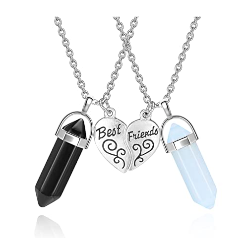 PESOENTH BFF Necklace for 2 - Matching Heart Best Friends Crystal Pendant Necklaces Friendship Jewelry Set For Women, Black Obsidian Opalite crystal stone