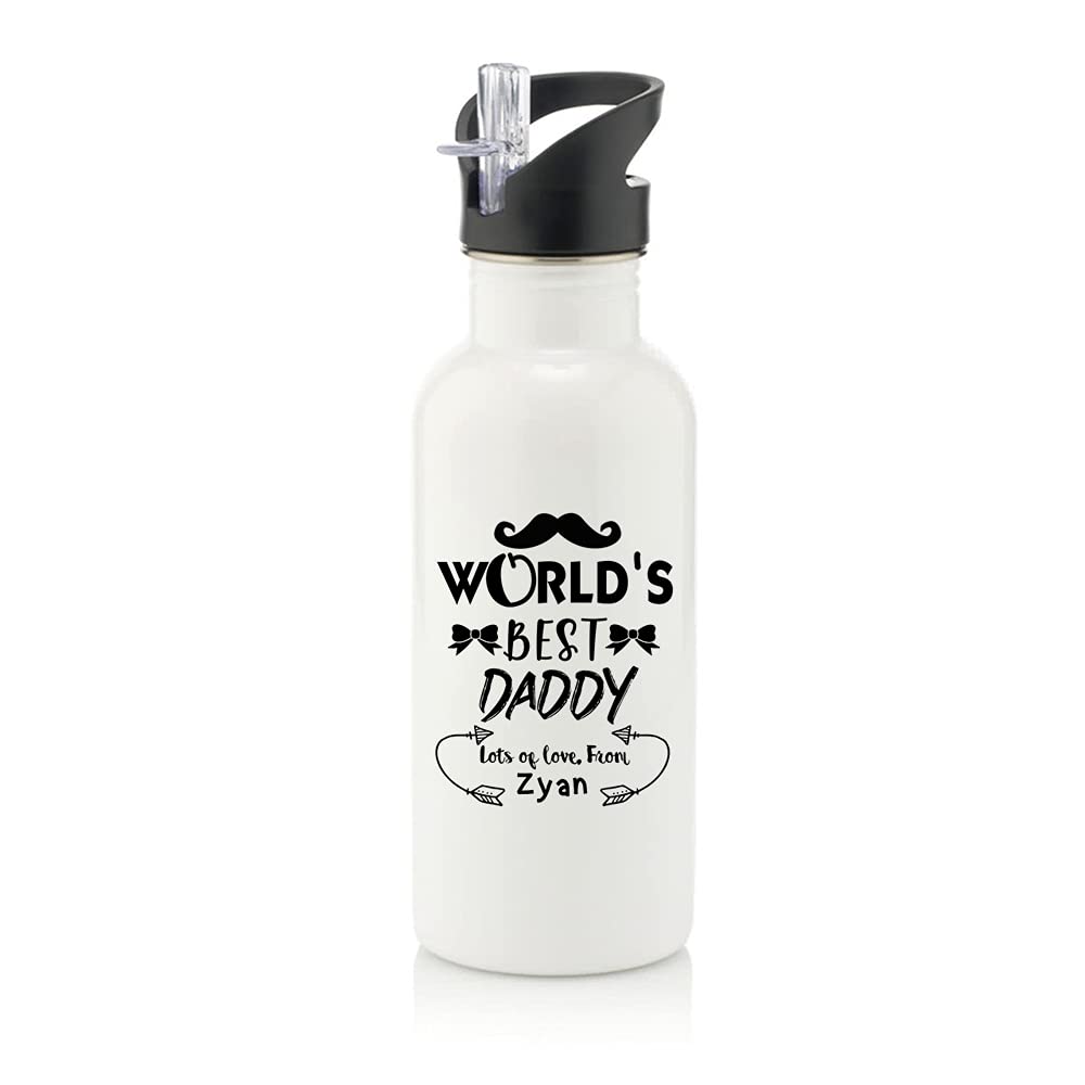 Personalised World's Best Daddy Fathers Day Moustache/Bow Love ANY NAME Funny Gift for Dad Birthday Stainless Steel 600ml Water Bottle with Straw. (White)