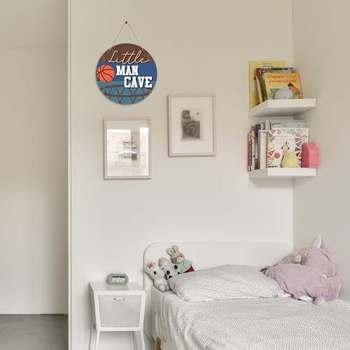 Image of Little Man Cave Sign for Boys, Baby Boy Nursery Decor, Basketball Wall Decor for Toddler Kids Room, 10x10 Inch Wooden Round Door Hanger-D02