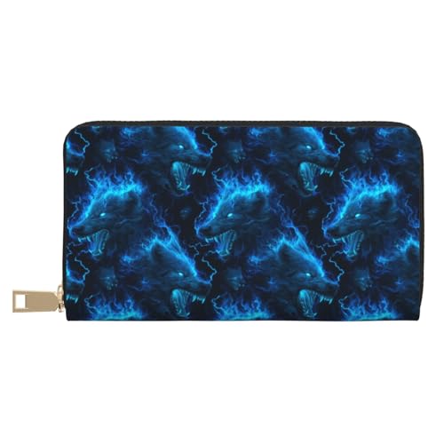 Leather Thin Slim Wallets for Women Men - Fashion Blue Lightning Wolf flamePrint Card Wallet Holder with Zipper