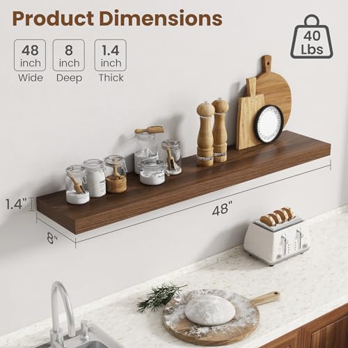 Image of 48 Inch Floating Shelves for Wall, 8 Inch Deep Floating Shelf for Storage & Display, Rustic Wall Mounted Shelf with Invisible Brackets for Living Room, Kitchen, Bathroom, Home Decor, Set of 2, Walnut