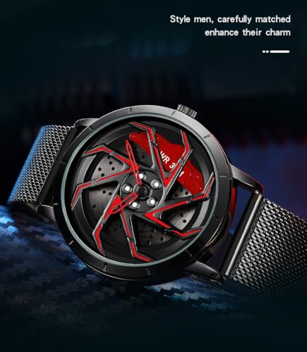 Image of FANMIS Men's Racing Car Wheel Watch 3D Spinning Dial Stainless Steel Watch | Creative 3D Spinning Car Quartz Large Skeleton Face and 30M Water Resistance Designed for Car Fans and Daily Wear.