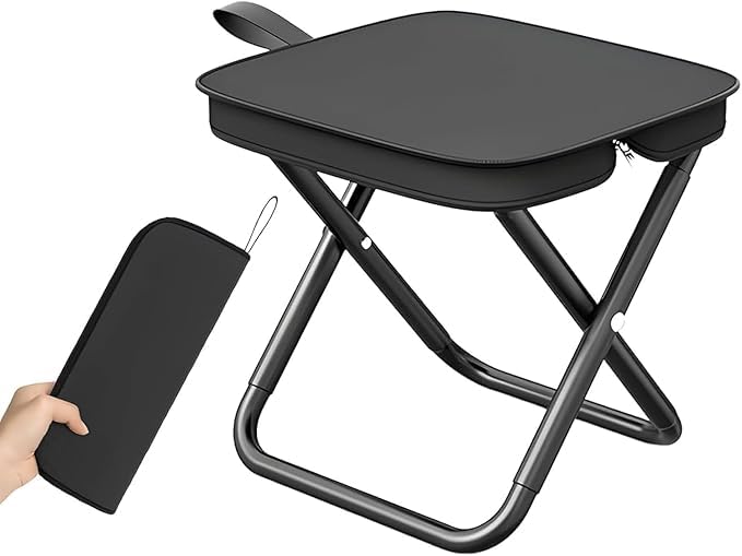 Camping Stool, Portable Folding Stool with Carry Bag, 12in Portable Folding Chair 1.6Lbs Collapsible Camp Stool Outdoor Footstool for Travel Walking Hiking Fishing Picnic Barbecue (Black)