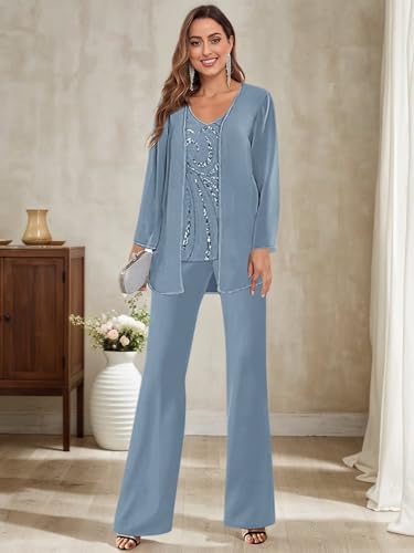 3 Pieces Mother of The Bride Pant Suits for Women Sequin Beaded Chiffon Wedding Formal Evening Outfit3