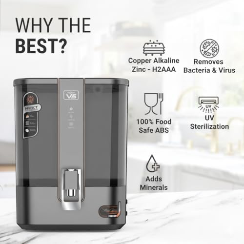 Image of Aqua V5 Zinc Copper Alkaline RO Water Purifier | 10 Liter Storage | RO + UV + UF + Zinc + Copper + Alkaline + TDS Control | 3000 TDS | Best For Home and Office (Mirror Black) (Grey)