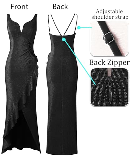 Image of VFSHOW Womens Backless Ruched Ruffle Deep V Neck Formal Prom Wedding Maxi Dress 2023 Spaghetti Strap Sexy Split Evening Gown