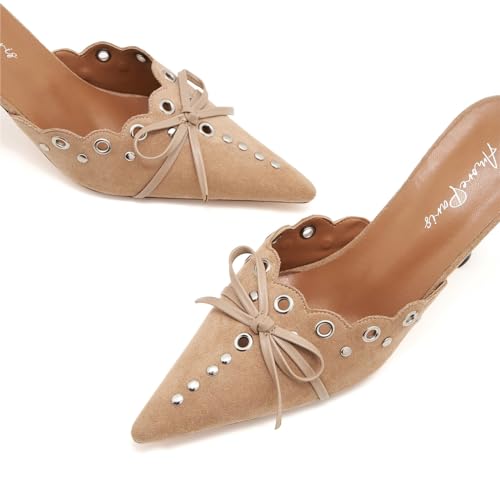 Image of Kitten Heel Mules for Women Bow Tie Suede Stiletto Heels Mule Pointed Toe Studs Slide Heeled Sandal Pumps for Wedding Dress Party