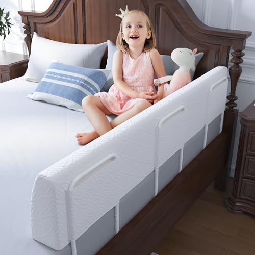 FigTime Bed Bumper for Toddlers, Foam Bed Rail for Toddlers, Toddler Bed Rail Bumper, Soft Safety Bed Guard Rail for Kids, Bed Side Rail for Twin, Full, Queen & King Beds (White, 59', 3-Bracket)