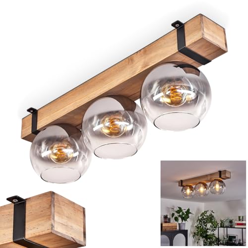 Plafonnier Montgomery, plafonnier en métal/bois/verre noir/naturel/fumée/clair, design scandinave avec poutres en bois (60 cm) et boules en verre (Ø 15 cm),...