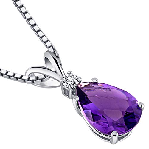 Peora Amethyst With Diamond Pendant For Women 14K White Gold, Genuine Gemstone Birthstone Teardrop Solitaire, 1.60 Carats Pear Shape 10X7Mm #TOP2
