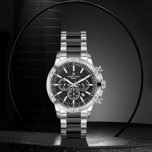 Image of Daniel Klein Analog Black Round Dial Silver Case Two Tone Silver Black Metal Strap Chronograph Water-Resistant Wrist Watch for Men Boys DK.1.14095-4