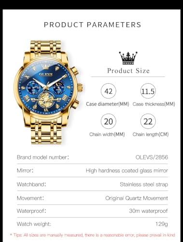 OLEVS Gold Mens Watch Blue Face Classic Luxury Fancy Nice Men Dress Watches — view 5