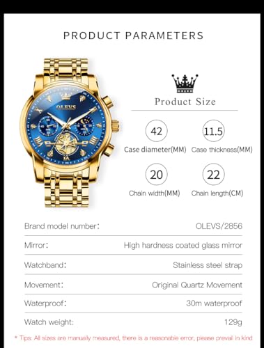 OLEVS Gold Mens Watch Blue Face Classic Luxury Fancy Nice Men Dress Watches β image 6
