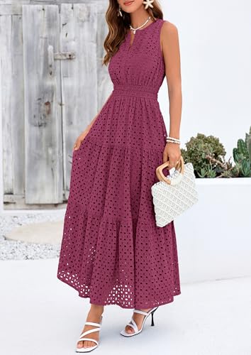 PRETTYGARDEN Womens 2026 Summer Maxi Dresses Sleeveless Sundresses V Neck Eyelet A Line Long Flowy Spring Wedding Guest Dress (Burgundy,X-Large) — view 3