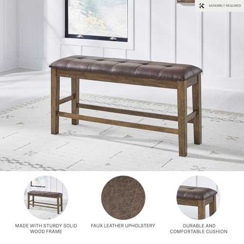 Image of Signature Design by Ashley Vallister Contemporary Tufted Faux Leather Upholstered Counter Height Dining Bench with Burnished Edges, Light Brown