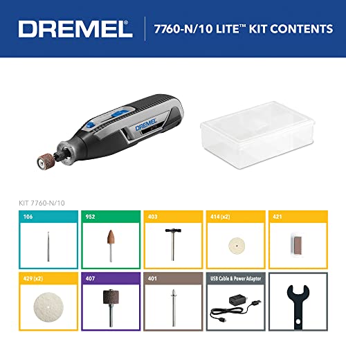 Dremel Lite 7760 N/10 4V Li-Ion Cordless Rotary Tool, Variable Speed Multi-Purpose Kit, USB Charging, Easy Accessory Changes - Perfect For Light-Duty DIY & Crafting, Sanding, Engraving and Polishing