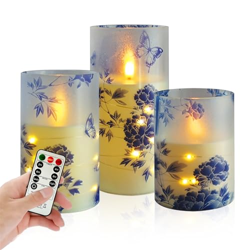 Image of Flameless Candles with String Lights - Set of 3 Chinoiserie Battery Operated Candle Flickering Floral LED Pillar Candles with Timer Remote for Home Decor Romantic Ambiance