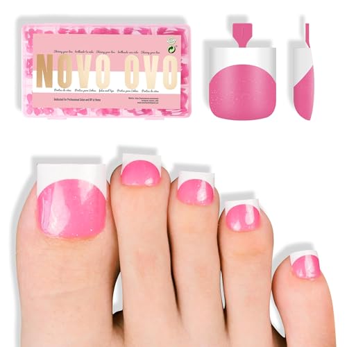 NOVO OVO French Tip Toe Nail Tips press on, ROSE PINK WITH GLITTER Sharp Square Toe Nail Tips Toenail Extension, Need Builder Gel &amp; Top Coat, no Glue, Full Cover Acrylic for DIY 15 Sizes 240 pcs