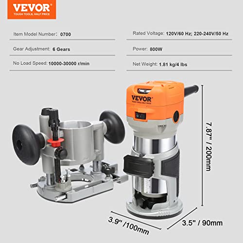 Vevor Wood Router, 1.25Hp 800W, Compact Wood Trimmer Router Combo Tool With Plunge And Fixed Base, 30000Rpm 6 Variable Speeds, With 1/4'' & 5/16'' Collets Dust Hood, For Woodworking Slotting Trimming #TOP6
