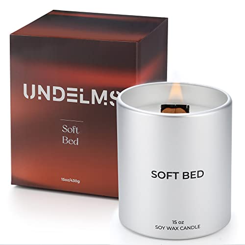 UNDELMS Scented Candle 15oz Soft Bed Candle Lily, Rose & White Musk Scented Soy Wax Candle, Wood Wicked Luxury Aluminum Jar Candle for Home Scented 85 Hours Long Burning Aromatherapy Candles