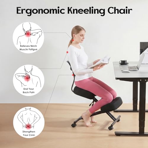 Image of Kneeling Chair with Backrest Adjustable Linen Ergonomic Home Office Chair | Improve Posture Chair with Brake Rolling Wheels Thick Cushion Work Stool Back Pain Relief
